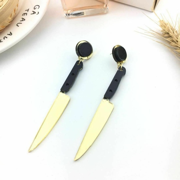 Spooky Gold Black Knife Earrings Creepy Goth Halloween Cosplay Statement Jewelry - Picture 3 of 10